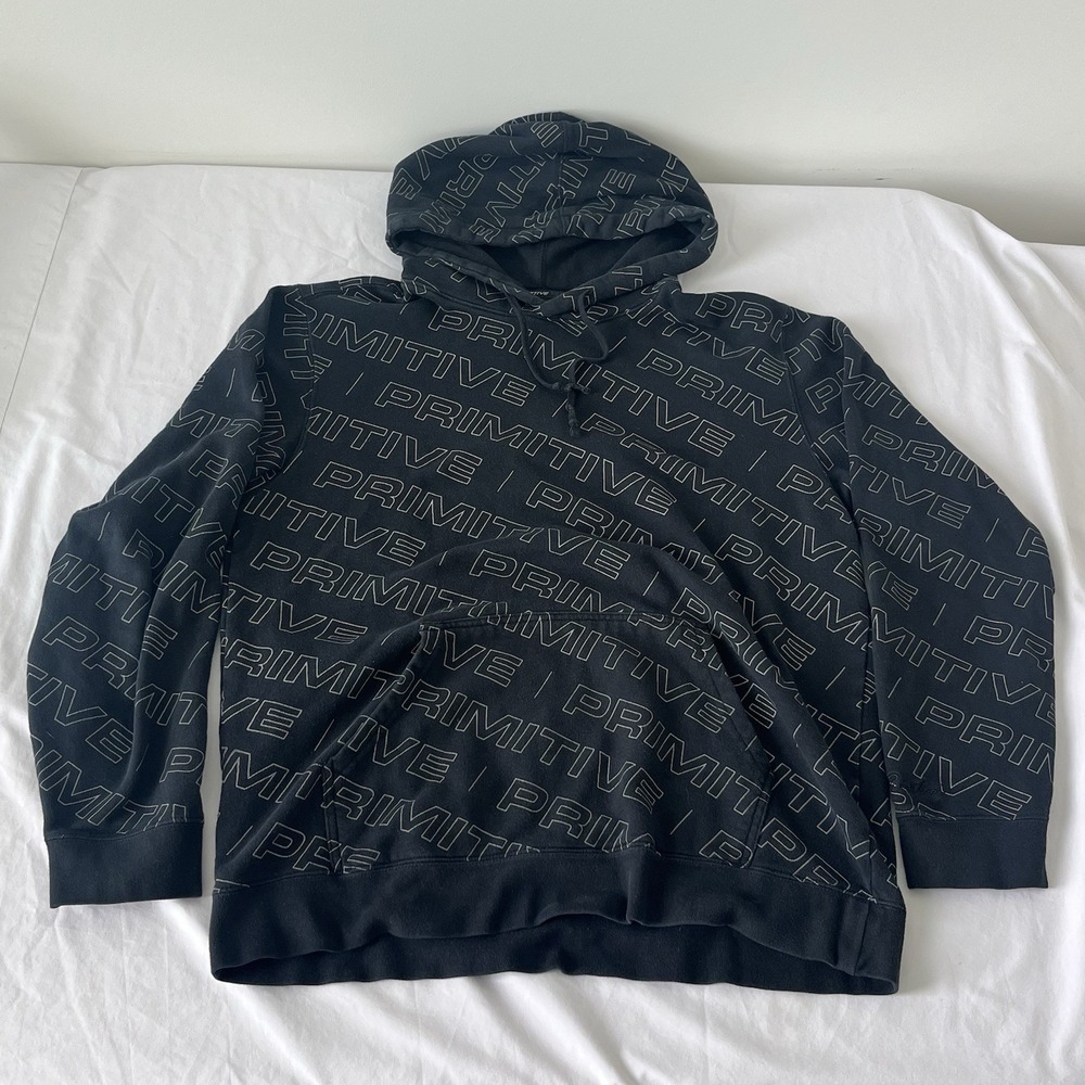 Primitive Apparel Hoodie Men's Medium Black Logo Spellout AOP Skateboard Y2K